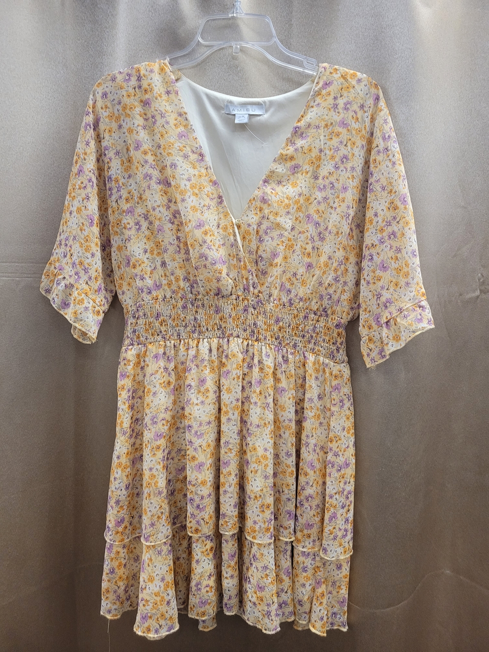 Floral V-Neck Tiered Mini Dress in Yellow & Lavender